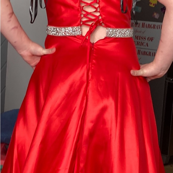 Red Off the Shoulder Ballgown with beaded waist - Picture 5 of 7